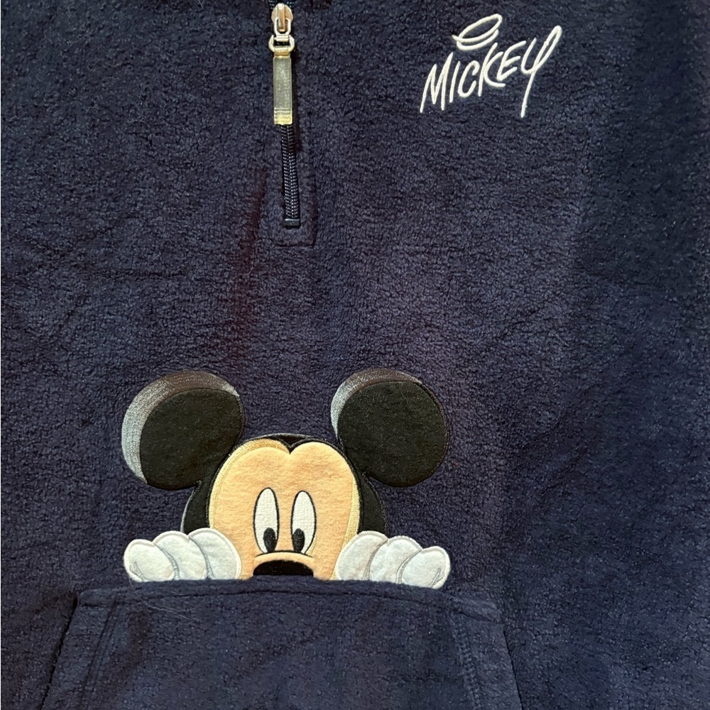 Disney Mickey Mouse Navy Blue Quarter Zip Hooded Fleece Kangaroo Sweatshirt XL - Picture 2 of 8